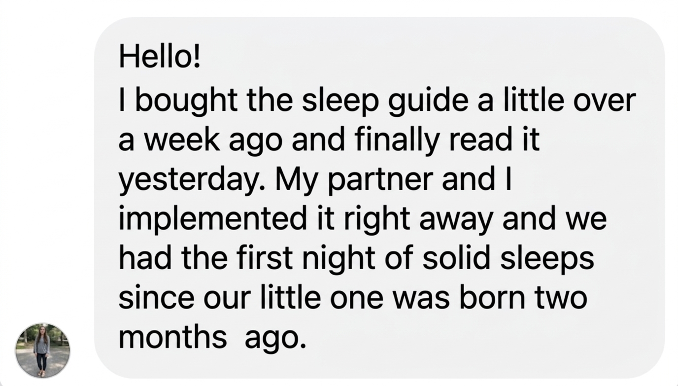 Message from a parent: I bought the sleep guide a little over a week ago and finally read it yesterday. My partner and I implemented it right away and we had the first night of solid sleep since our little one was born two months ago.